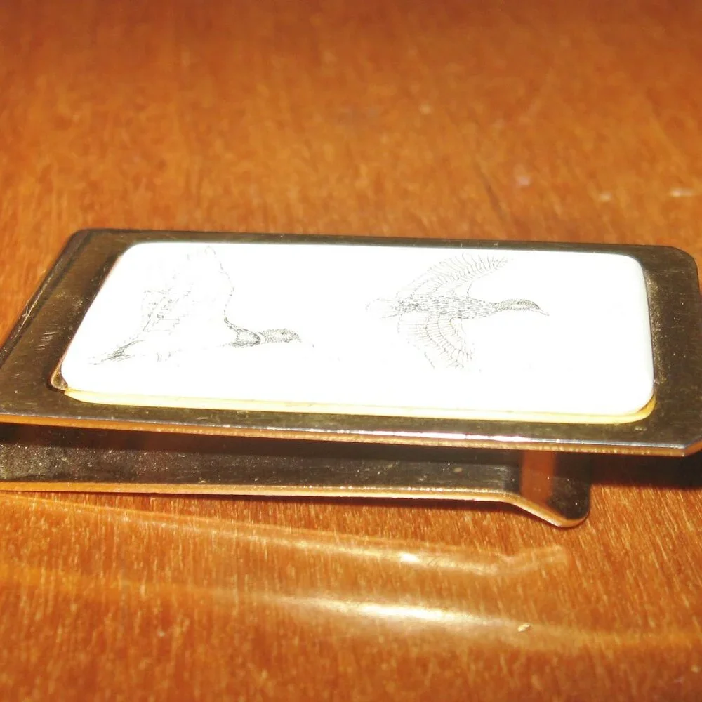 Barlow Money Clip 2 Flying Geese Gold Tone Scrimshaw  2